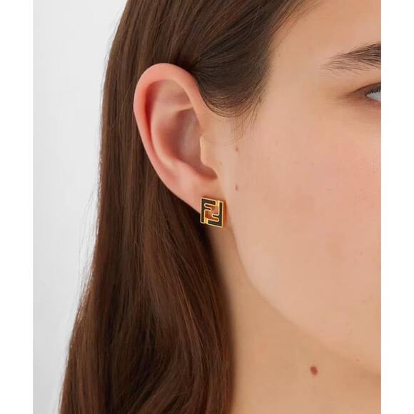 Fendi Forever FF Stud Post Back Metal Earrings Black Gold - Picture 5 of 5
